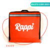 Maleta Cubo Rappi color naranja parte delantera con reflectivo de alta visibilidad y logo de rappi, cuenta con costuras y cremalleras reforzadas