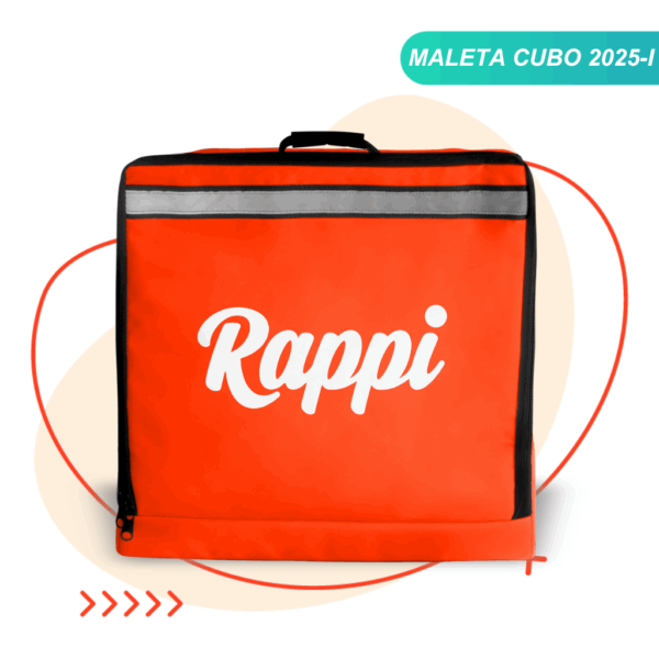 Maleta Cubo Rappi color naranja parte delantera con reflectivo de alta visibilidad y logo de rappi, cuenta con costuras y cremalleras reforzadas