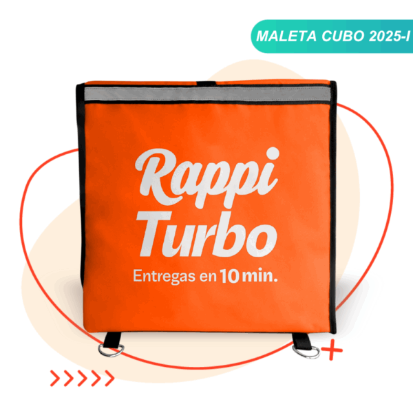 Maleta Cubo Rappi color naranja de lado con reflectivo de alta visibilidad y la marca Rappi Turbo