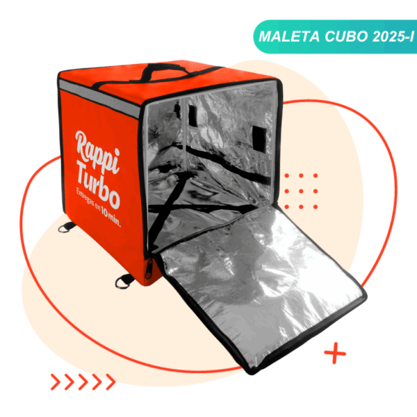 Maleta Cubo Rappi abierta de buen tamaño para llevar pedidos grandes con material termino interno que permite conservar la temperatura de los pedidos
